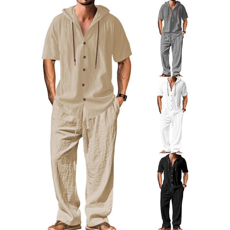 25 Set di pantaloni lunghi larghi con cappuccio e maniche in cotone e lino, casual e sportivo da uomo_voghion.com
