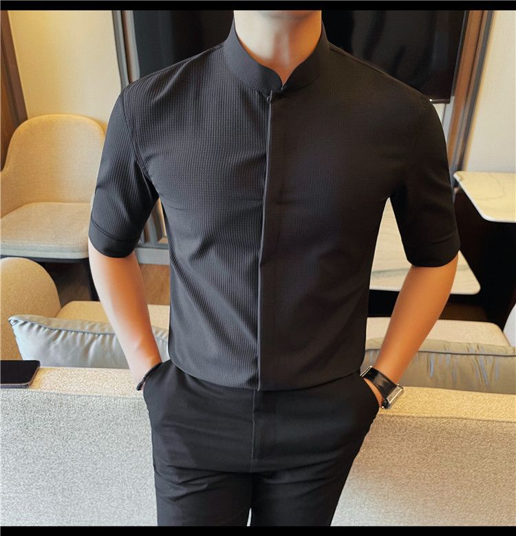 Douyin fornisce camicie da uomo a maniche lunghe, slim fit, con colletto alto, a maniche lunghe, con bottoni nascosti, nuove camicie estive._voghion.com
