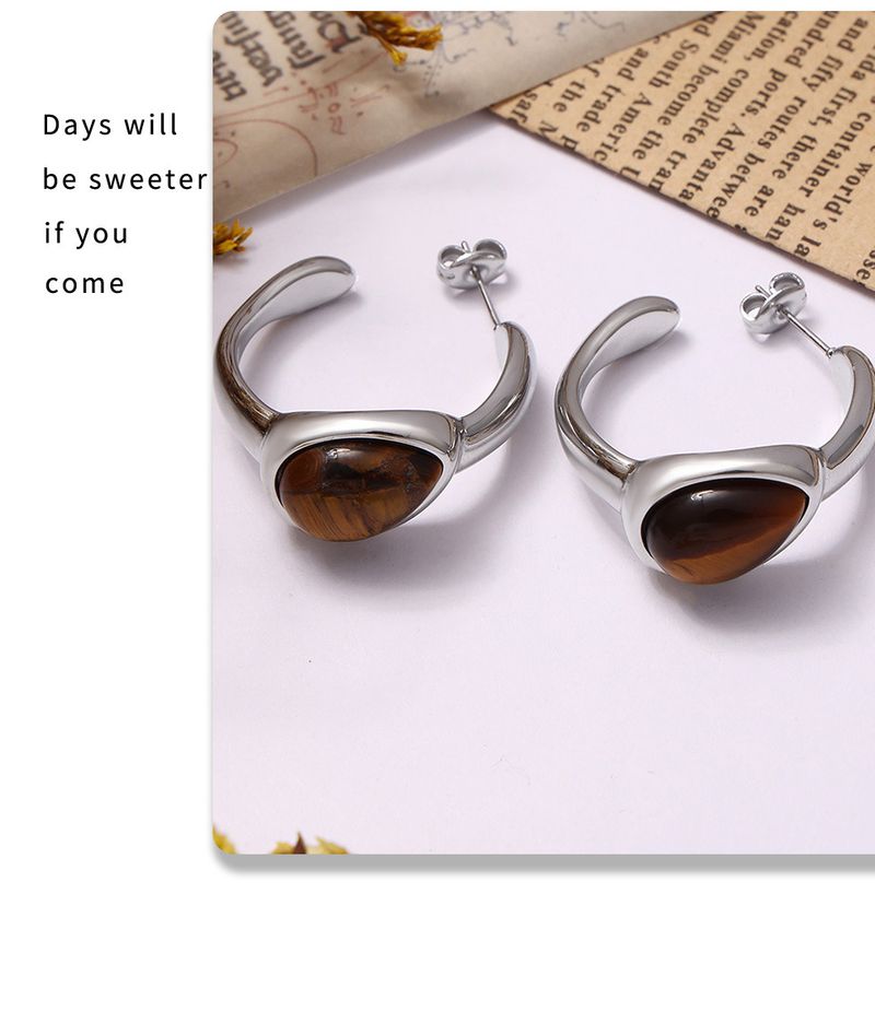 Vintage natural tiger's eye stone C-shaped earrings open ring women's set_voghion.com