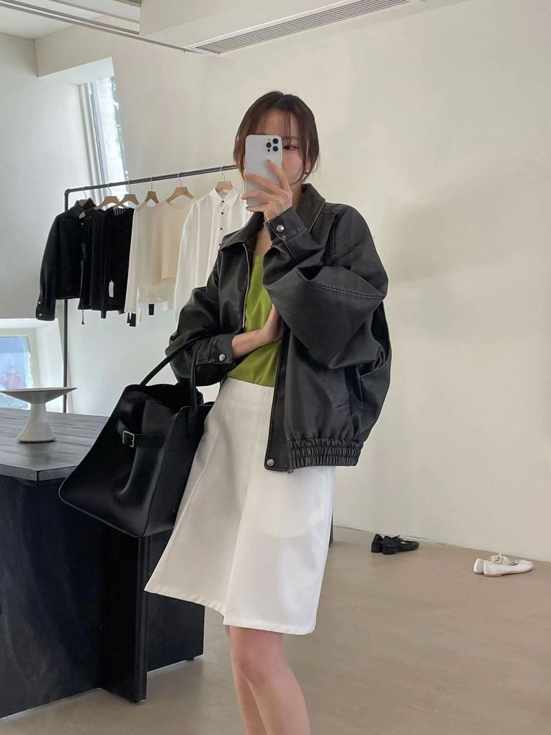 Women's Clothing Retro PU Leather Short Motorcycle Jacket For Women Autumn And Winter New Loose Leather Lapel Jacket_voghion.com