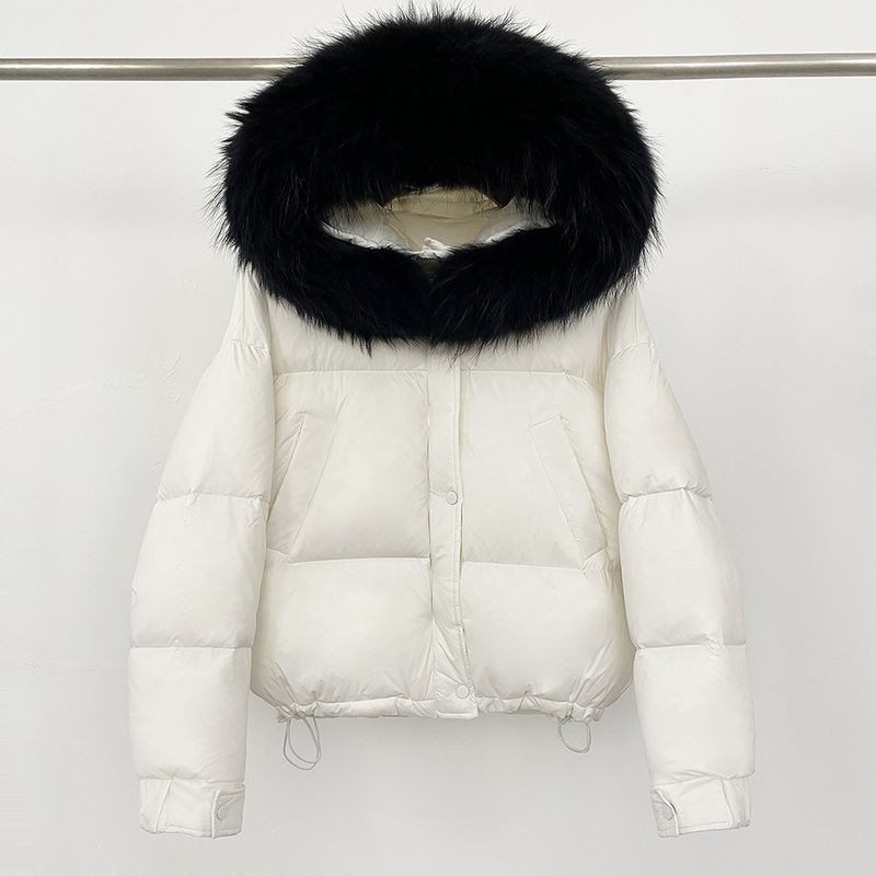 Piumino corto invernale da donna con cappuccio di pelliccia staccabile - 85% piumino d'anatra bianca, vestibilità ampia e spessa, ricamo 3D_voghion.com