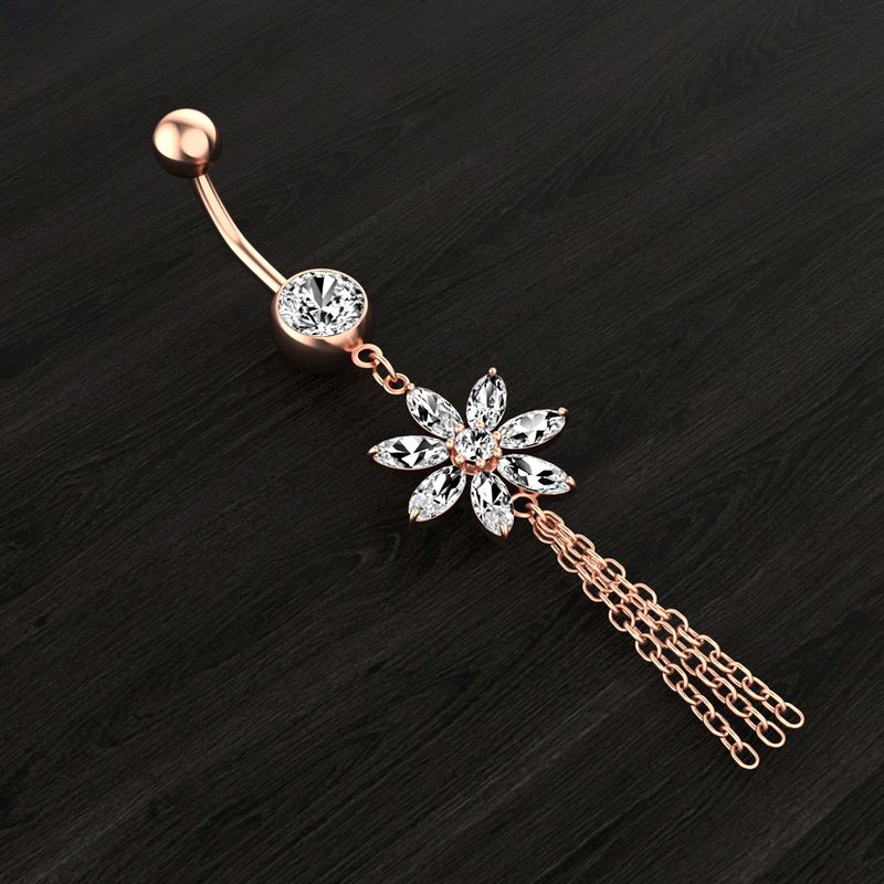 Nuovo squisito anello per ombelico con catena a fiore in zircone, gioielli per piercing all'ombelico all'ingrosso online_voghion.com