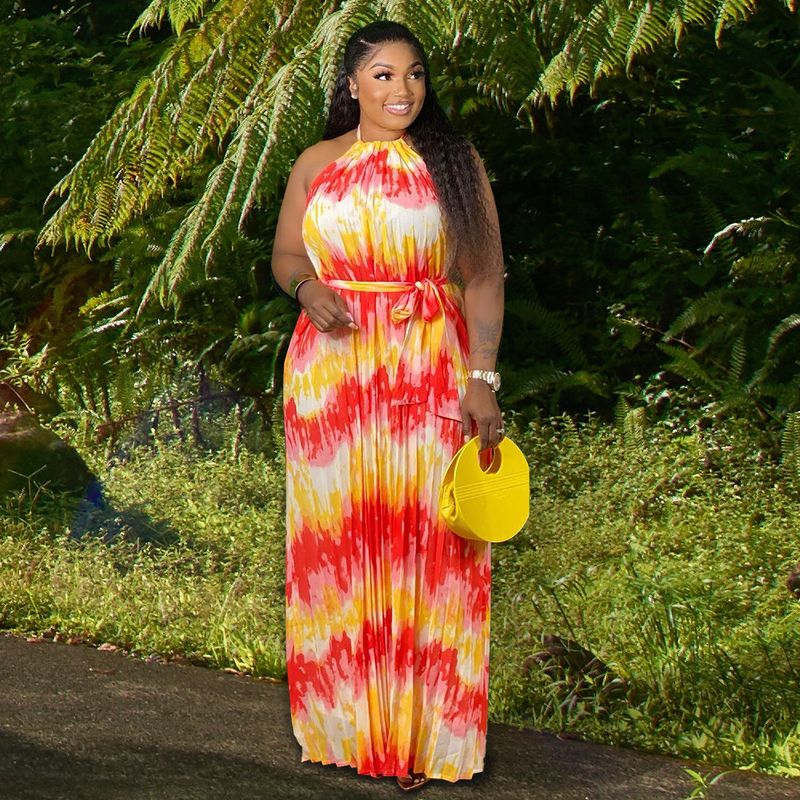 Women's Clothing Temperament pleated printed open back waist dress female summer with lining_voghion.com