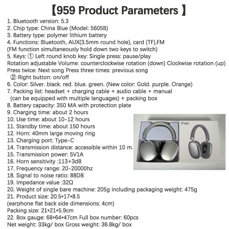 P959 Wireless Bluetooth Headphones With Built-in SD Card Slot, Over-Ear Design, Hi-Fi Stereo Sound, 8H Playtime, Lightweight Comfort_voghion.com