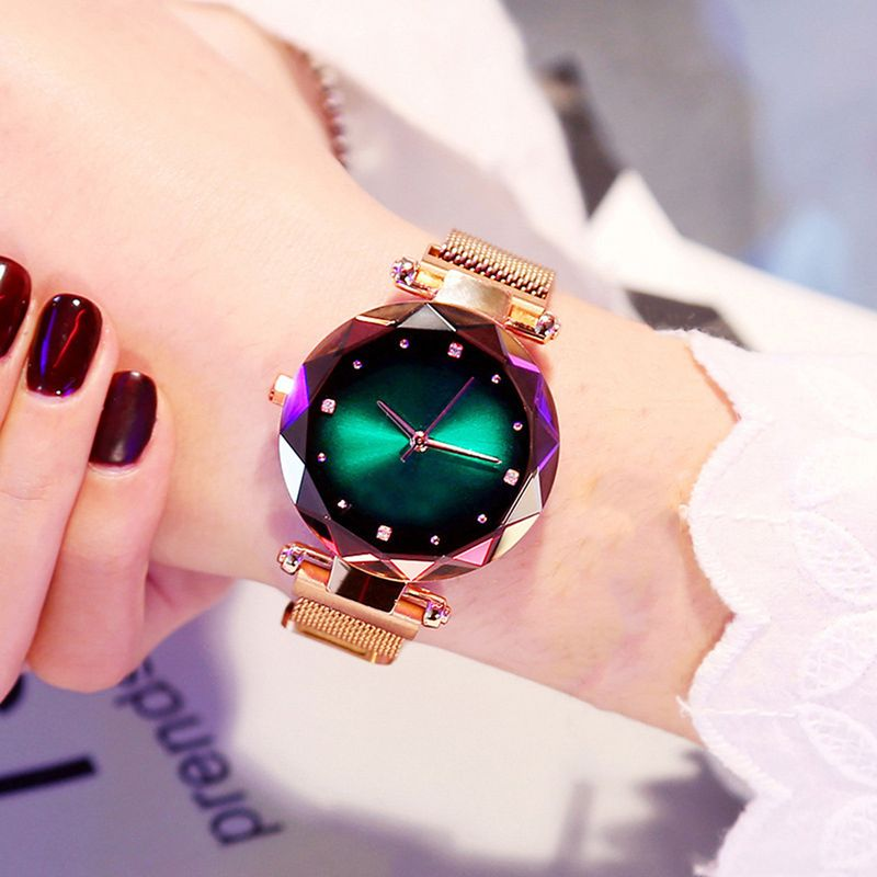 Yamaler Women Starry Sky Cut Dial Rhinestone Index Magnet Band Analog Quartz Wrist Watch_voghion.com