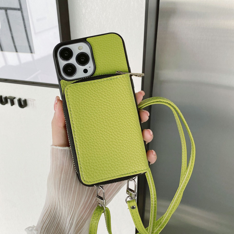 Mobile phone case zipper card holder diagonally applicable to Apple 14 mobile phone case Apple 13 promax litchi pattern protective cover 12 women_voghion.com