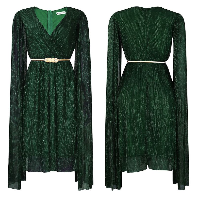 Damenbekleidung Neue V-Ausschnitt Temperament Langarm Cape Taille Kleid Rock_voghion.com