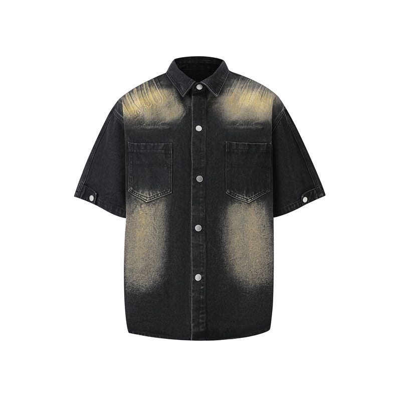 Herrenbekleidung Washed Old Denim Kurzarmjacke Weite Beinhose Anzug Herren Loose Summer Ins Denim Anzug_voghion.com