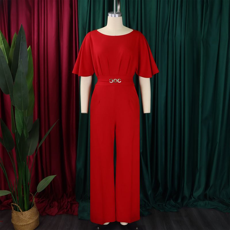 Roupas femininas moda verão feminina gola redonda cor sólida cintura alta tamanho grande perna larga macacão_voghion.com