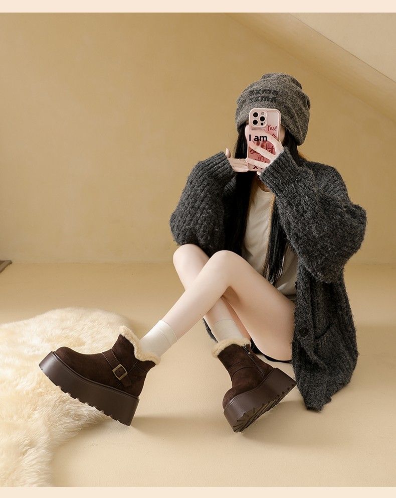 Winter Fleece-Lined Chinese Snow Boots Thick Sole Height-Increasing Small Size Cotton Shoes 34-40_voghion.com