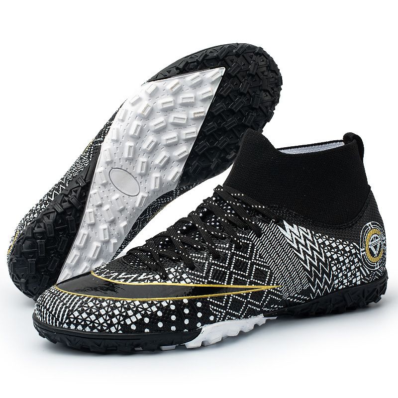 High-top Soccer For Boys Girls With Rubber Studs, Black And White Training Shoes_voghion.com