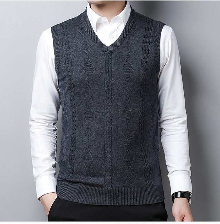 Herren-Wollweste mit V-Ausschnitt, ärmelloser Strickpullover für Papa, einfarbiger Slim-Fit-Pullover für Freizeit und Business_voghion.com