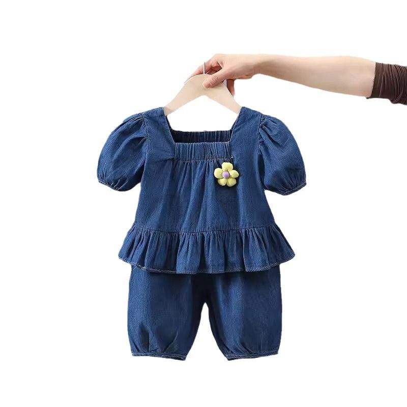 Little Thin Denim 2024 Yeni Moda Kız Bebek Yaz İki Parçalı Takım_voghion.com