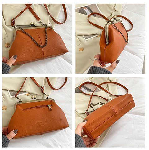 Doctor Bag Retro Shell Bag New Lychee Pattern Simple Versatile Shoulder Bag Clip Chain Handbag Women's Bag_voghion.com