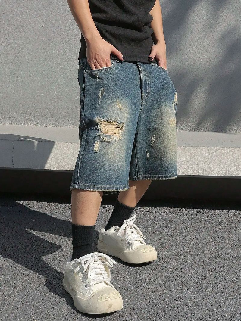 Herren Sommer Baggy Stretchy Denim Shorts Jeans Für Männer Streetwear Zerrissene Knielange Baggy Comfort Cargo Casual Shorts Hosen Jeans_voghion.com