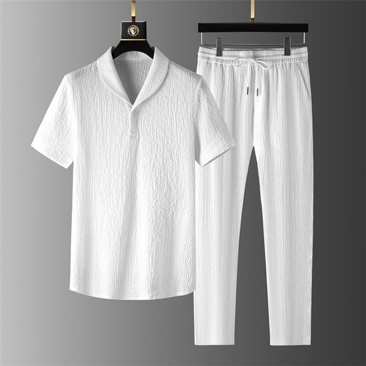 Ropa para hombre, camiseta de seda de hielo, traje deportivo informal de verano de alta gama de manga corta para hombre, camiseta de media manga con cuello en V y pantalón, traje de dos piezas_voghion.com