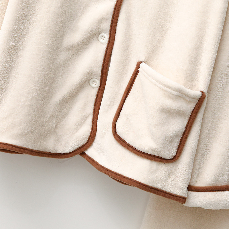 Dametøj kvinder efterår og vinter tyk koral fleece flannel cardigan revers blødt varmt hjemmetøj jakkesæt_voghion.com