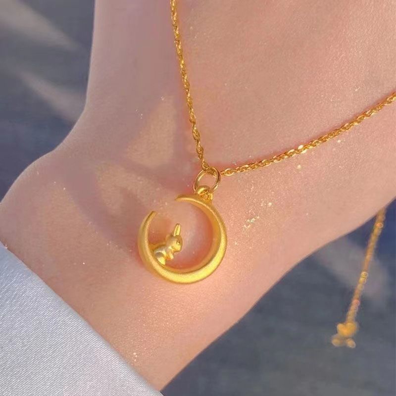 Collier de lapin en or et sable de même style avec pendentif en forme de lapin blanc et lune, anneau d'oreille de lapin, bijoux cadeaux pour petite amie_voghion.com
