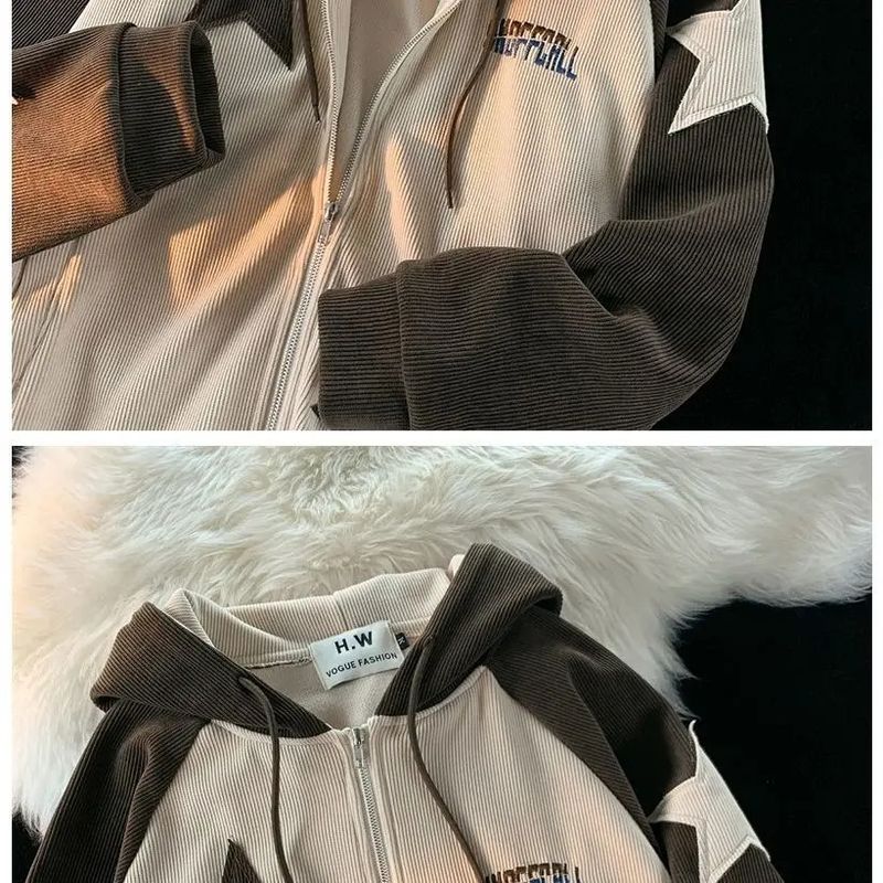 Giacca unisex Y2K con cappuccio e cerniera patchwork a stelle in velluto a coste retrò da uomo e da donna, colore nero/marrone (taglie dalla M alla XXL)_voghion.com