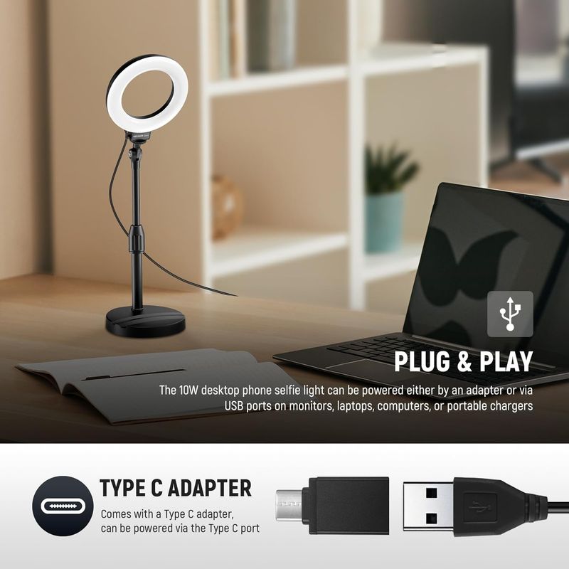 Newer Basics 5" Desk Ring Stand, Phone Holder Base, 10W LED Selfie Light Compatible With IPhone For Video Recording_voghion.com