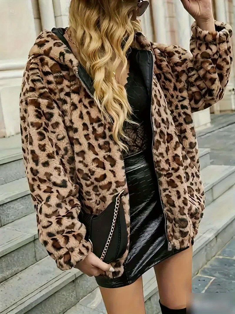 Eleganter Teddybärmantel mit Reißverschluss und Kapuze für Damen – Langarm, Polyester-Strickgewebe, Herbst-/Winterstil, ohne Gürtel, normal_voghion.com
