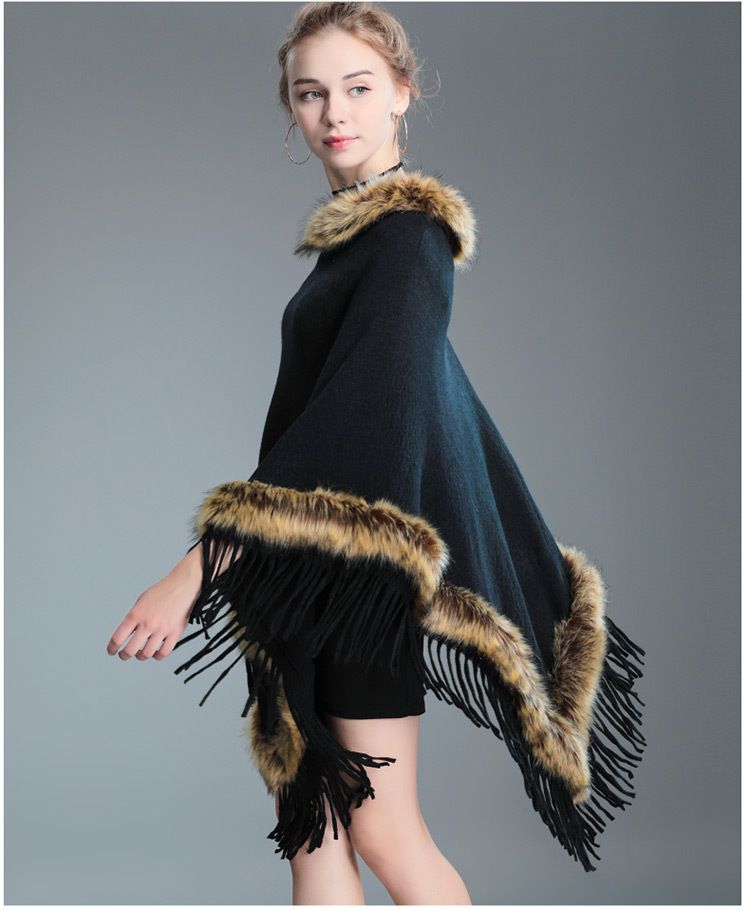 Fur collar shawl cape tassel knitted pullover fur cape woman_voghion.com