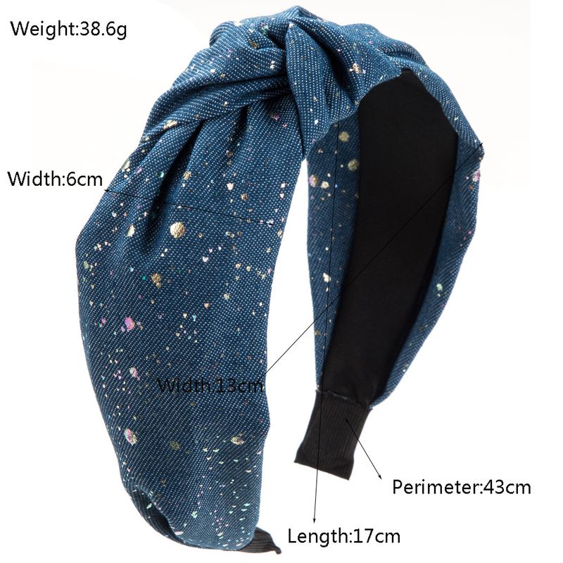 Fascia per capelli in tessuto denim alla moda con pois creativi, bordi larghi, annodatura con teschio alto, accessori per capelli per lo shopping all'aperto per le donne_voghion.com