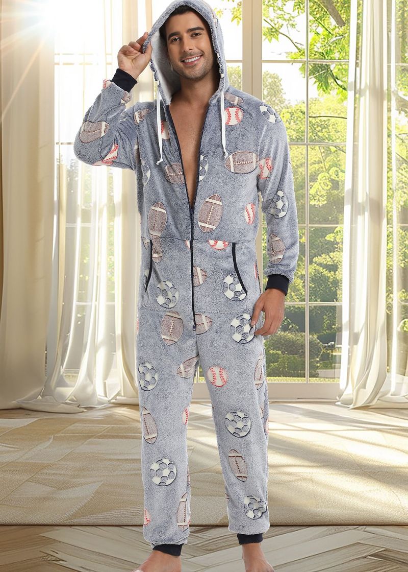 2024 New Cross Border Factory Supply Men's Flannel Cloud Printed Hooded Jumpsuit Pajamas And Home Wear_voghion.com