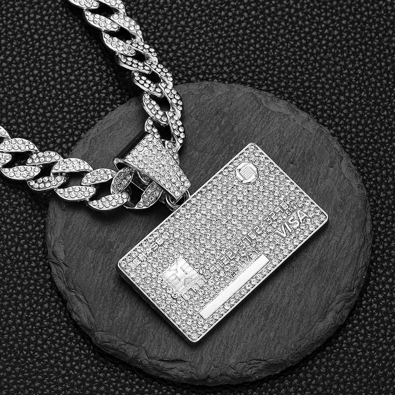 hip-hop full diamond alloy square bank card shield Cuban pendant necklace Men's jewelry_voghion.com