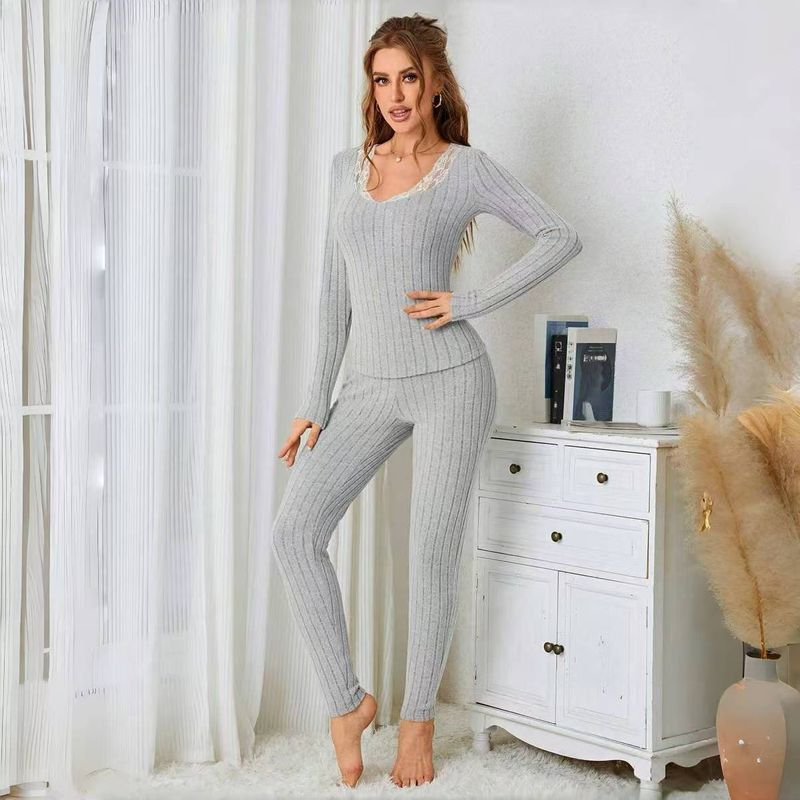 Women's Solid Ribbed Lace Trim Slim Fit Sleepwear Set Long Sleeve Round Neck Pants Comfortable Casual Outfit For Autumn_voghion.com