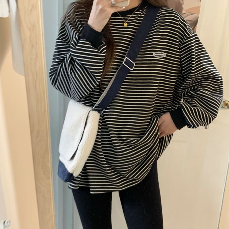 Ragazza Ins Maglietta a righe super popolare per le donne Maglietta interna a maniche lunghe per l'inizio della primavera Stile coreano Abbigliamento esterno alla moda_voghion.com