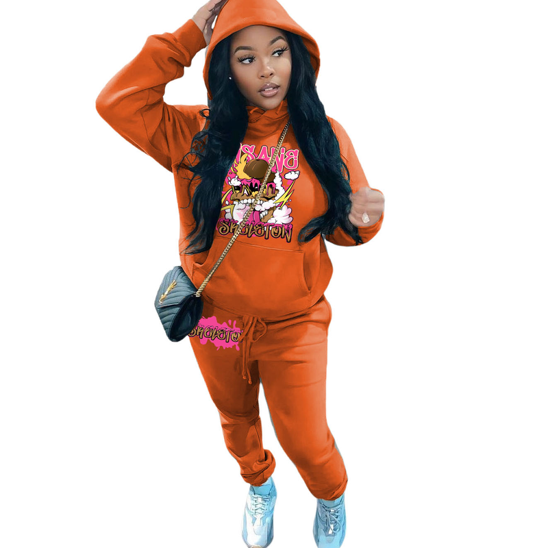 Tuta sportiva stampata casual da donna con felpa in pile con cappuccio in due pezzi_voghion.com