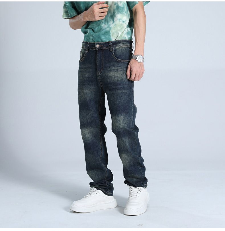 Trendy American Heavy Industry Washed und Used Jeans für Herren, locker und elastisch, Horse Willow Straight Leg Pants, Street Commuter Jeans_voghion.com