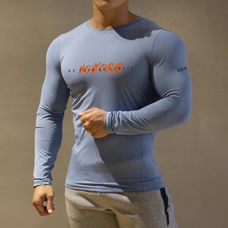 Abbigliamento da uomo, abbigliamento a compressione, assorbimento del sudore, asciugatura rapida, maniche lunghe, sportivo, fitness, elastico, calzamaglia da corsa, scollo tondo, fondo_voghion.com