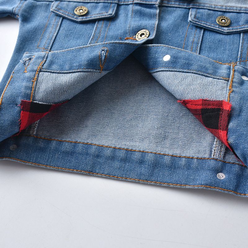 abbigliamento per bambini Giacca in denim per bambini manica lunga camicia in denim finto a due pezzi con quadri rossi neri_voghion.com