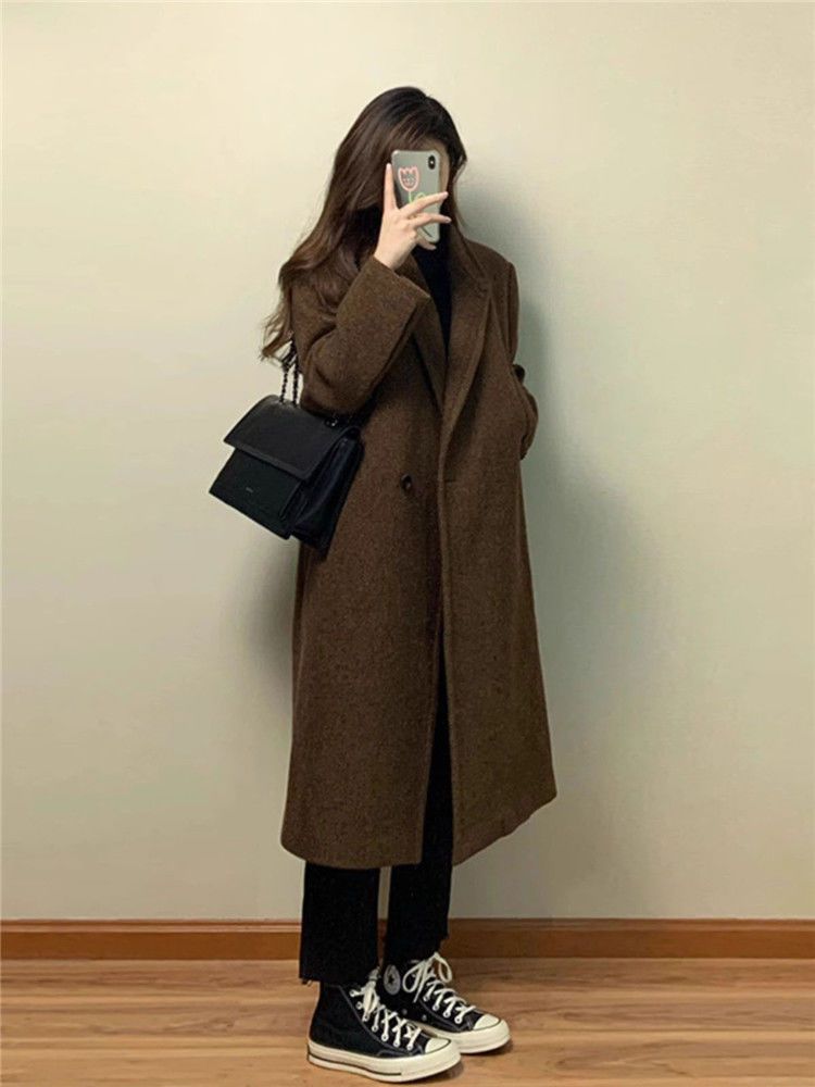 Trench oversize in misto lana – Cappotto lungo con texture 3D e revers a lancia (S-XXL) – Giacca invernale in tweed da ufficio per donna_voghion.com
