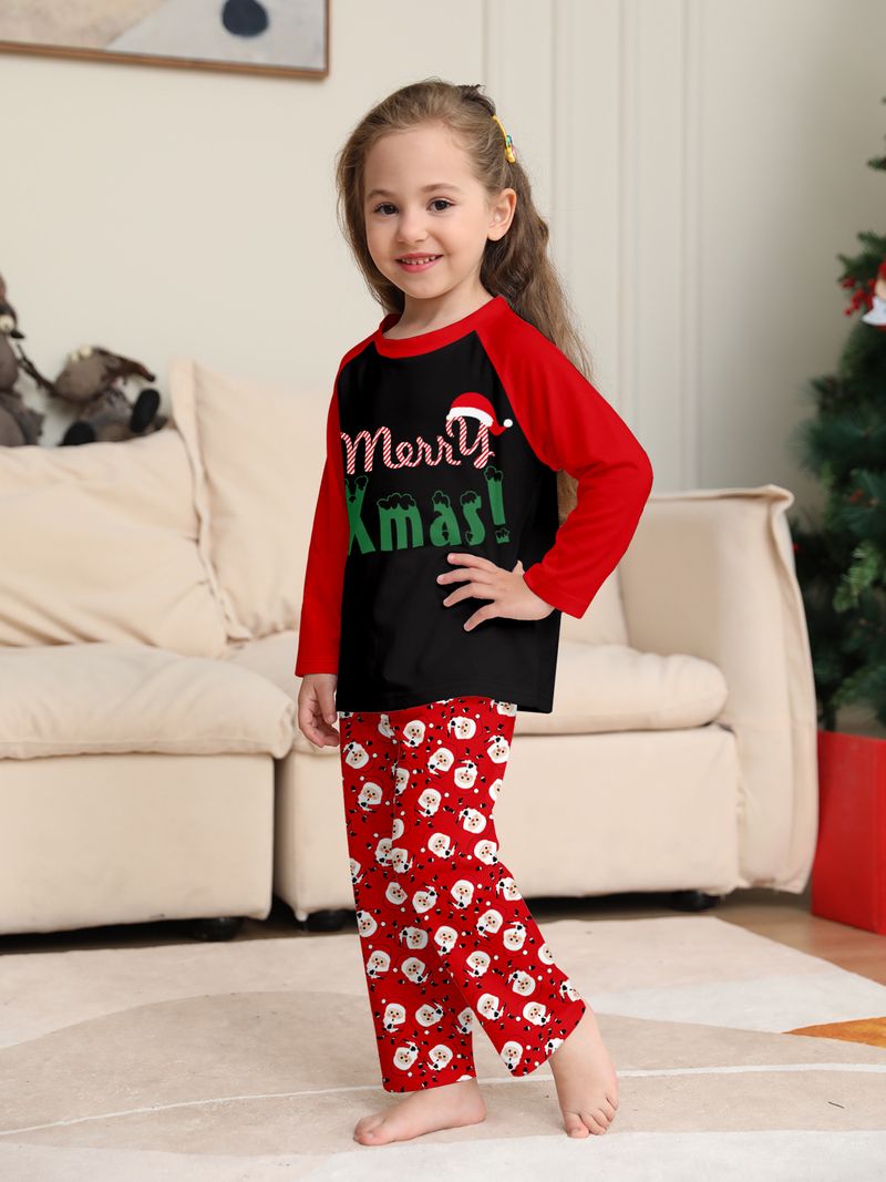 Parent Child Home Clothes Christmas Hat Letter Print Long Sleeve Santa Claus Cartoon Print Trousers Pajamas Set_voghion.com
