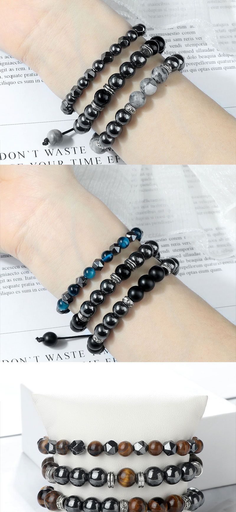 Unisex sieraden mode kralen elastische gevlochten hand touw zakelijke mannen zwarte galsteen cut-off spacer combinatie pak_voghion.com