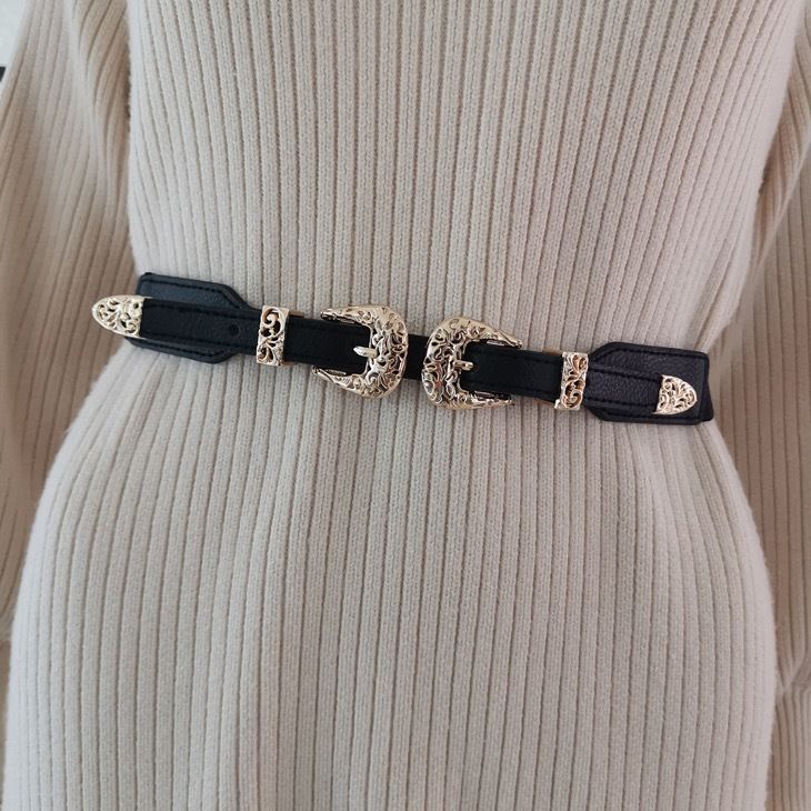 Cintura larga elastica regolabile con fibbia doppia, versatile, per le donne_voghion.com