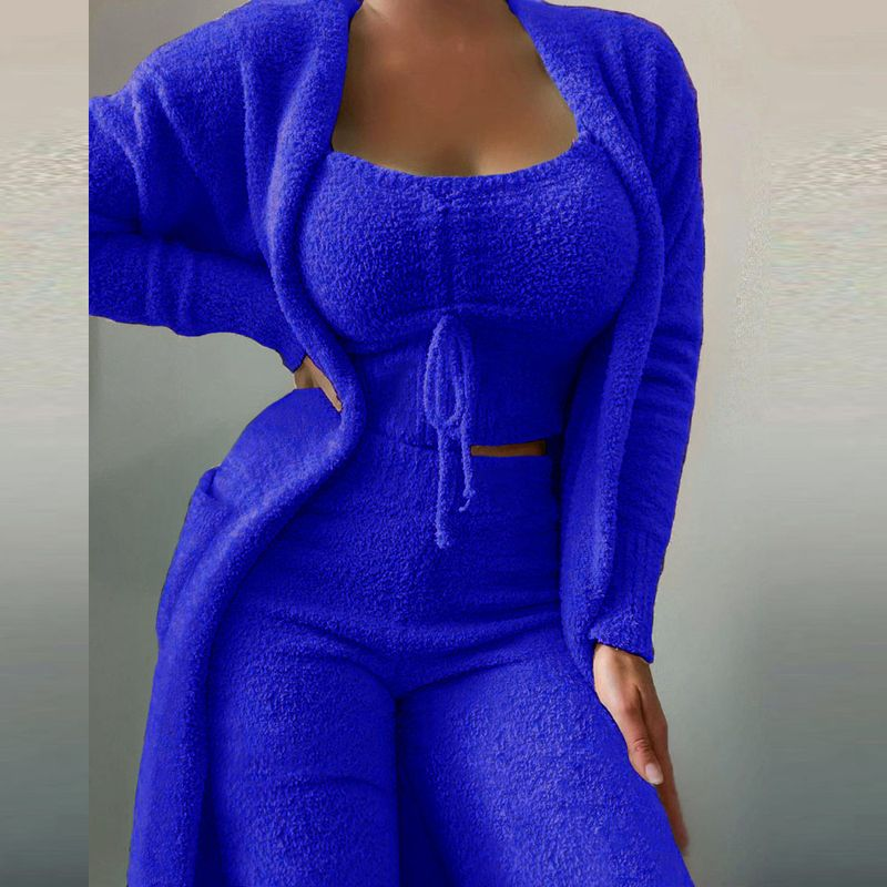 Damenmode lässig Plüsch Schnürung Strickjacke 3 Hosenanzüge_voghion.com