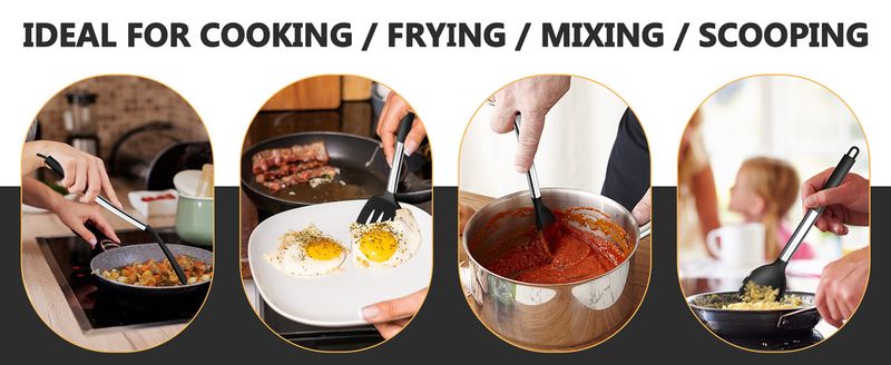Black Kitchen Cooking Utensils 4-Piece Set, Silicone Solid Spatula Slotted Spoon Shovel For Non-Stick Cookware_voghion.com