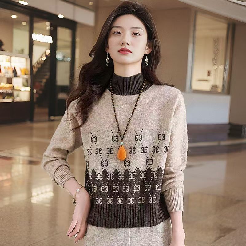 【 Famiglia Cashmere 】 Maglione da donna in maglia jacquard larga e spessa, con collo alto e base corta in lana, strato interno_voghion.com