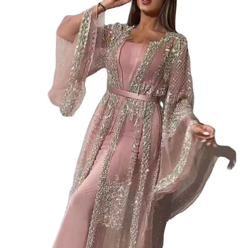 Vêtements pour femmes à paillettes sexy jupe longue châle robe de soirée banquet neuf_voghion.com