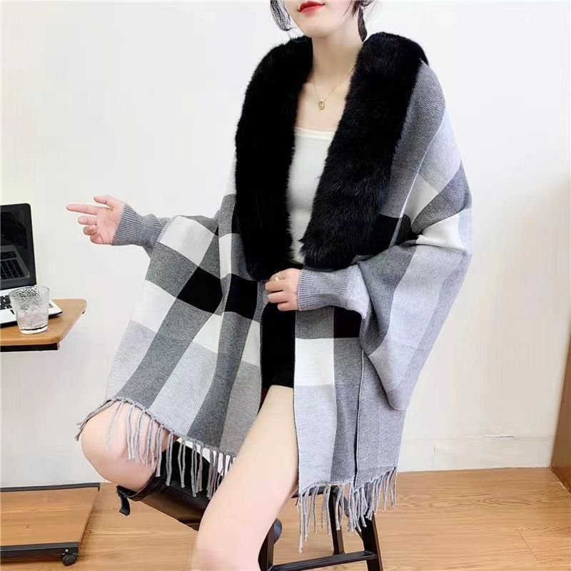 Damenbekleidung Übergroße karierte Strickjacke für Damen mit Schalkragen aus Kaninchenfellimitat – Eleganter, lässiger Wickel-Cape-Mantel in Kamel und Grau (Einheitsgröße)_voghion.com
