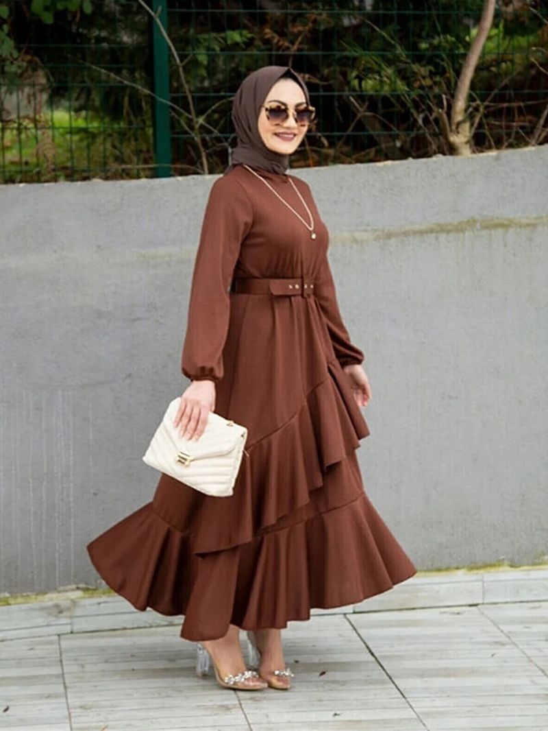 2207 # Türkiye Langes muslimisches Tunikakleid mit zwei Lagen Rüschen für Damen_voghion.com