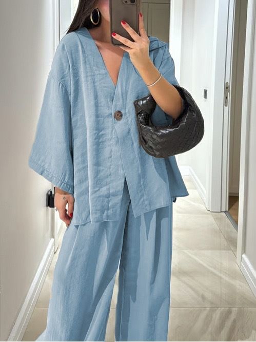 Completo casual da donna, completo con scollo a V, bottone singolo, camicetta ampia, pantaloni a vita alta, completo due pezzi_voghion.com