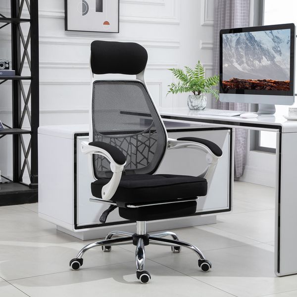 Vinsetto High Back Office Chair Swivel Black/White Adjustable Recliner With Footrest_voghion.com