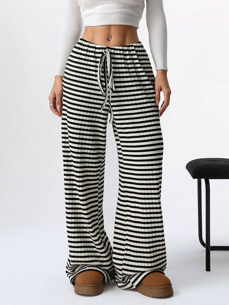 Dameskleding Lente en herfst Dames gestreepte elastische hoge taille gebreide trekkoord casual draperende joggingbroek_voghion.com