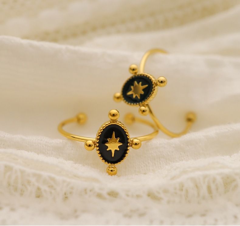 Öltropfender Titanstahlring verblasst nicht Französischer Retro-Stern-Ovalring Offener Fingerring K Gold_voghion.com