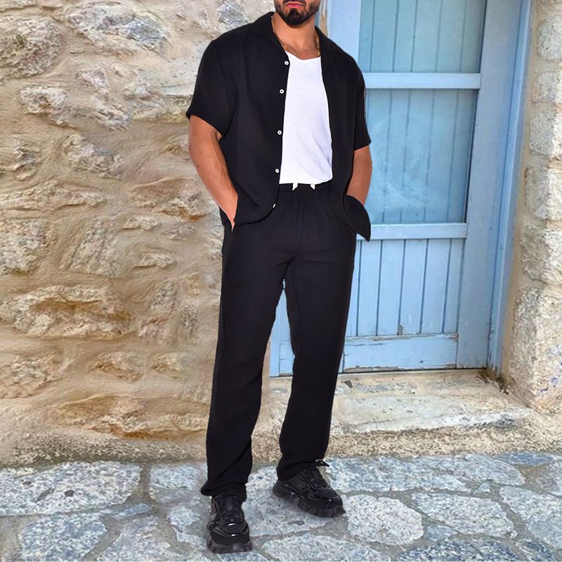 Tuta estiva casual estiva ampia a maniche corte T-shirt pantaloni lunghi elastici a quattro lati da uomo_voghion.com